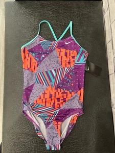 NIKE Swim Girls' Crossback One Piece Swimsuit, Vivid Purple Mashup, Medium - Picture 1 of 2