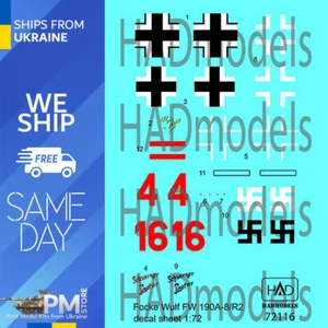 HAD models 72116 1/72 Decal Fw 190 A-8 /R2 ur Sau red 16 red 4 negro panter - Imagen 1 de 4