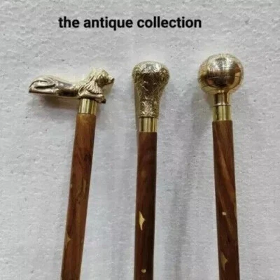 Lote de 3 piezas antiguo bastón de madera bastón de latón dorado mango perilla Foto 1 de 4