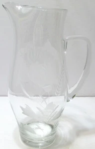 Vintage Hand Blown Glass Pitcher Cut Etched Floral Applied Handle 12 1/2" Tall - Picture 1 of 7