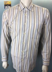 Mens Robert Talbott Best of Class Large Blue Brown Macaroon Shimmer Stripe Shirt - Picture 1 of 12