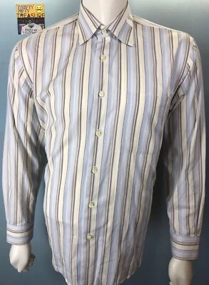 Mens Robert Talbott Best of Class Large Blue Brown Macaroon Shimmer Stripe Shirt - Image 1 of 4