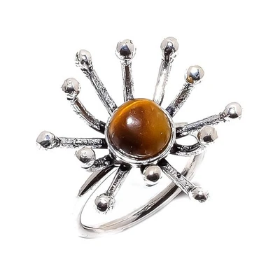 Anillo de plata de ley 925 con piedras preciosas ojo de tigre natural talla 7 E715 Foto 1 de 4