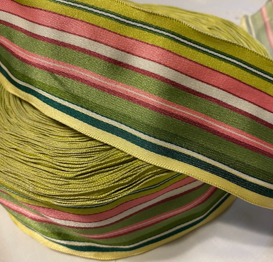 10 yds.  PINK, GREEN, & WHITE STRIPE WIRE EDGE RIBBON  2 1/2" w - Image 1 of 1