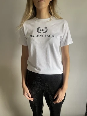 BALENCIAGA T-Shirt UK M White 100% Cotton Black Logo - Image 1 of 4