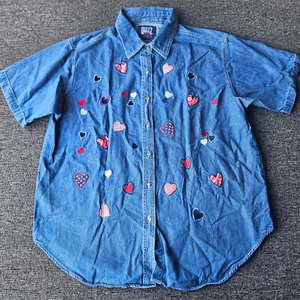 Vintage Quizz New York Denim Shirt 18 Embroider Hearts Short Sleeve - Picture 1 of 7