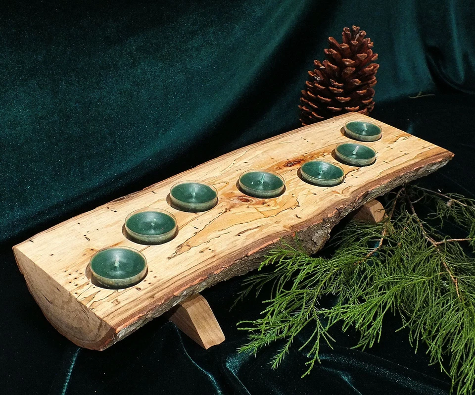 Soporte de luz de té de troncos, centro de mesa, vacaciones, campo, rústico, borde vivo Foto 1 de 4