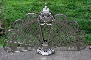 Kaminschirm Pfau klappbar verziert Kamee silber Edelstahl Vintage - Bild 1 von 6