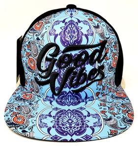 GOOD VIBES Snapback Cap Hat 100% Cotton Adult Men's OSFM Blue Paisley Black NWT - Picture 1 of 5