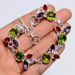 Peridot Amethyst Gemstone Fashion Jewelry 925 Silver Bracelet 6-8" ARB-1146 - Picture 1 of 3