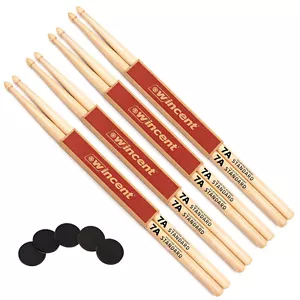 Wincent 7A Hickory Woodtip Drumsticks 4 Paar + keepdrum Damper Pads - Picture 1 of 6