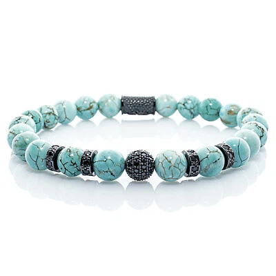 Türkis Armband Bracelet Perlenarmband Kugel schwarz 8mm Edelstahl Perlen - Bild 1 von 2