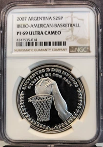 2007 ARGENTINA SILVER 25 PESOS S25P BASKETBALL NGC PF 69 ULTRA CAMEO TOP POP 1 - Picture 1 of 3