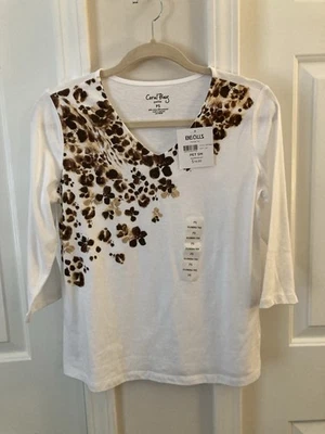 Top Coral Bay Manga 3/4 Blanco con Flores Marrones Talla Pequeña Nuevo Con Etiquetas Foto 1 de 3