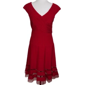 Tadashi Shoji Red V-Neck Pleated Body Sheer Hem A-Line Dress Medium - Picture 1 of 11