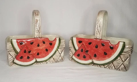 LOT OF 2 MATCHING PAIR Vintage Ceramic Watermelon Slice Basket Planter Cover