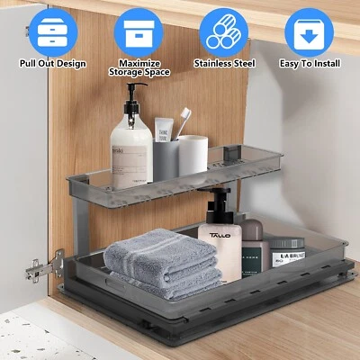 Pull Out Cabinet Organizer, Under Sink Storage Shelf w/ 2 Tier Sliding Wire - Image 1 of 4