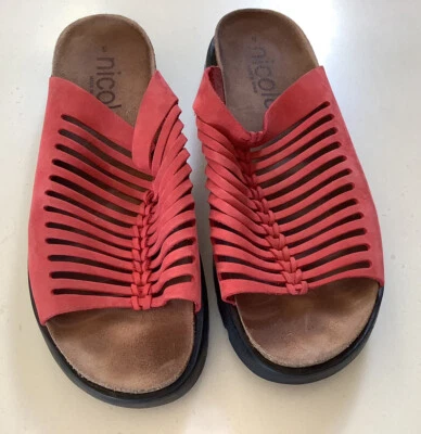 Red Leather Slides By Nicole Made In Spain. Size 9 Women - Image 1 of 4