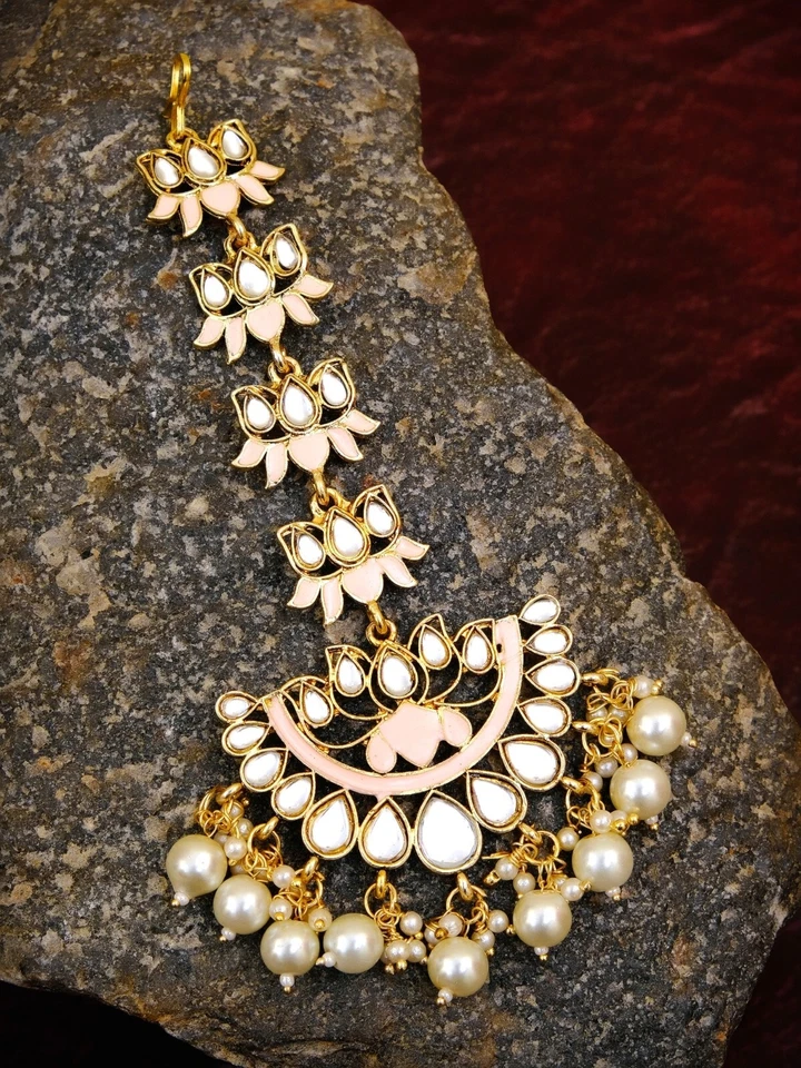 印度 Minakari Maang Tika-Bollywood 传统珍珠镀金 Tikka 女式 — 第 1/1 张图片