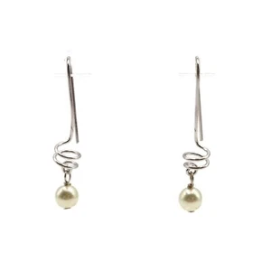 Silver Tone Faux White 6mm Pearl Long Wire Dangle Drop Fashion Earrings - Picture 1 of 13