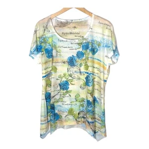 T-shirt donna floreale Jane Ashley taglia XL orlo morso di squalo strass primavera casual - Foto 1 di 7