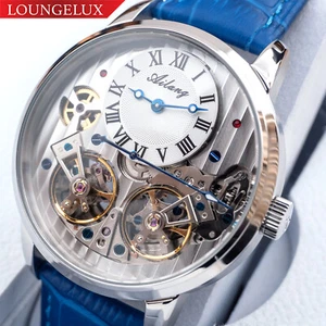 Orologio Meccanico Automatico Doppio Volante Da Uomo Argento Quadrante Bianco Blu Pelle - Foto 1 di 12