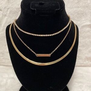 Necklace Set For Women 3 Chains Imitation Jewelry Gold Color Plus A Pair Earning