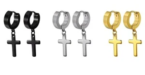 2 Stck. Herren Damen Kreuz Huggie Klapp Creolen Edelstahl Ohrringe - Bild 1 von 12