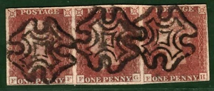 GB QV SG.8 1d Rojo (FF-FH) Tira {3} Cruz de Malta *MX CON PUNTO* (1841) Raro ROJO29 - Imagen 1 de 6
