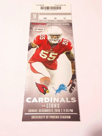 2018 Arizona Cardinals Detroit Lions NFL Football Full Ticket Stub Cover