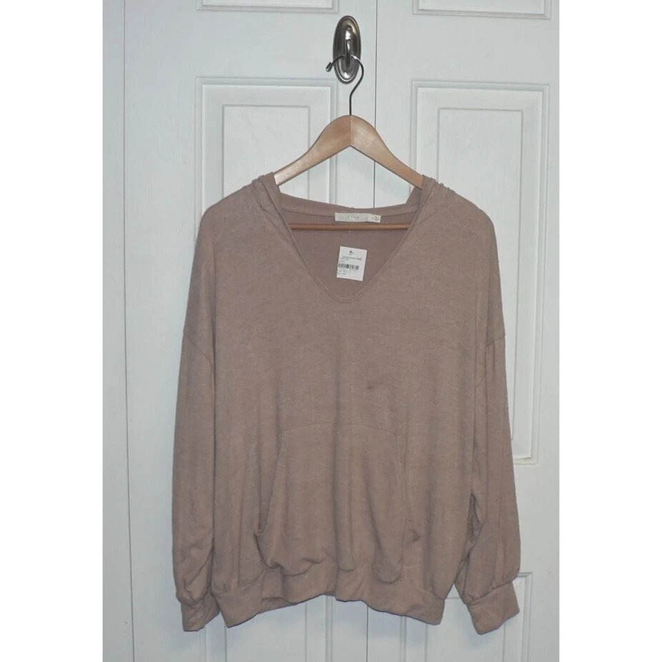 Exuberante sudadera con capucha para mujer tejida cepillada cuello en V manga larga canguro bolsillo ostra pequeña Foto 1 de 4