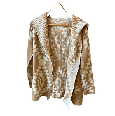 Aztec Pattern Cardigan with Hood Tan & White Oversized Size Small - Image 1 of 4