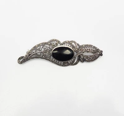 Spilla In Filigrana Vintage In Onice, Marcasite E Argento Sterling Ornato - Immagine 1 di 3