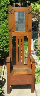Antique Victorian Hall Tree Oak Wood Umbrella Stand Hat Rack Mirror Storage Seat - Image 1 of 4