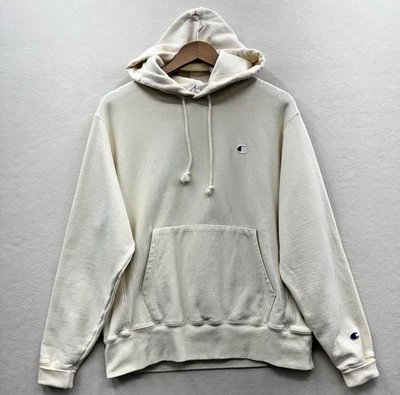 Champion Para Hombre Mediano Tejido Inverso Sudadera con Capucha Off-White Crema Pullover Sudadera Foto 1 de 4
