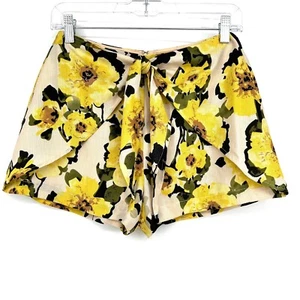 J.O.A. Size XS High Rise Floral Shorts Yellow Tie Faux Wrap Lined Flower - Picture 1 of 9