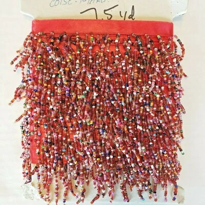 Vintage Beaded Fringe Trim 2 inch 7 Yards Continuous Red Ribbon Glass Beads - Image 1 of 4