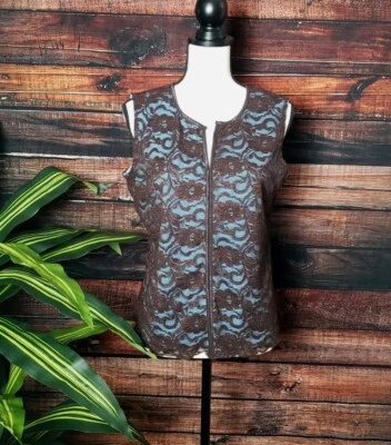 Tribal Shirt Large Lace Overlay Brown Sleeveless Blouse Top Light Blue Lining - Image 1 of 4