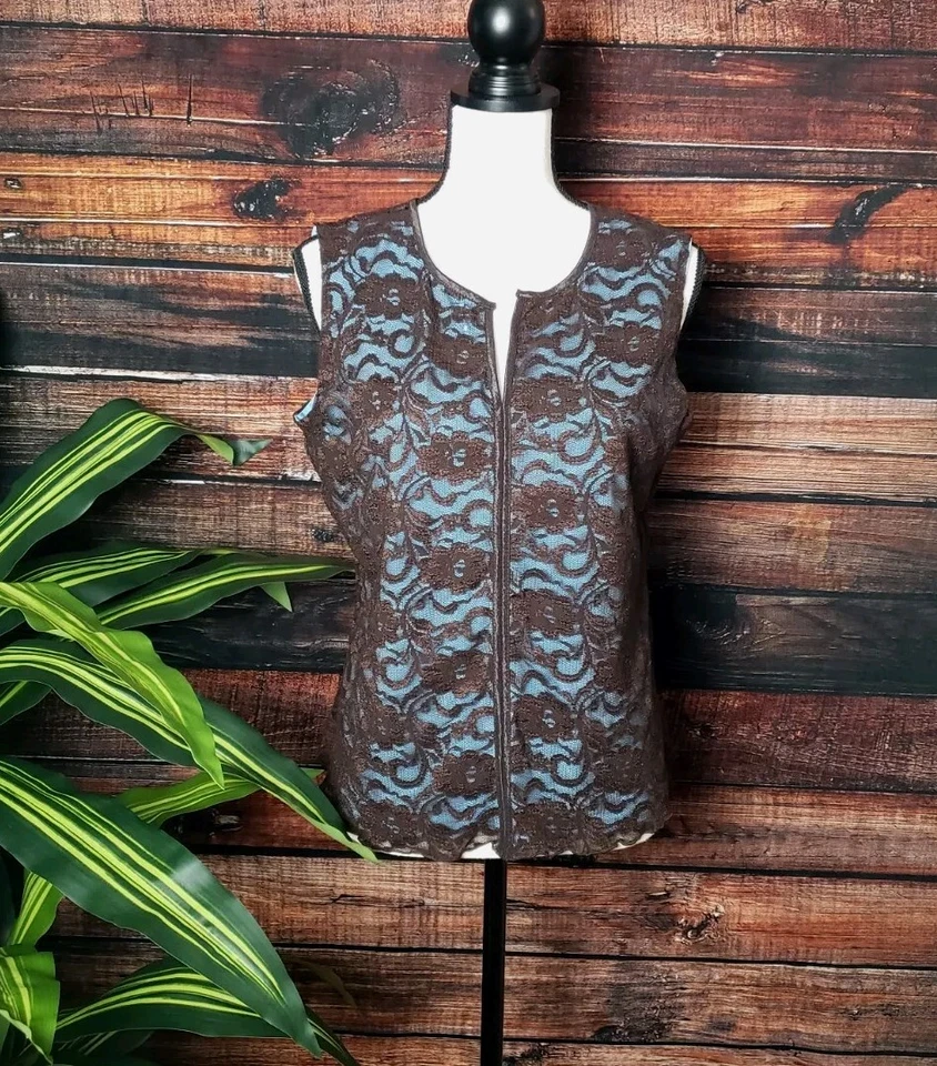 Camisa Tribal Grande Encaje Superpuesto Marrón Sin Mangas Blusa Top Forro Azul Claro Foto 1 de 4
