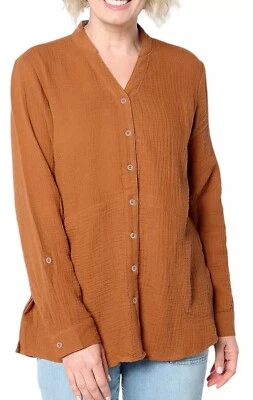 Camisa túnica para mujer Joan Rivers malvavisco gasa botón delantero moca talla 1XP Foto 1 de 4