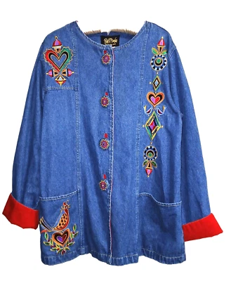 Vtg Bob Mackie Women Denim Barn Coat Jacket M Blue Jean Art To Wear Embroidered Foto 1 de 4