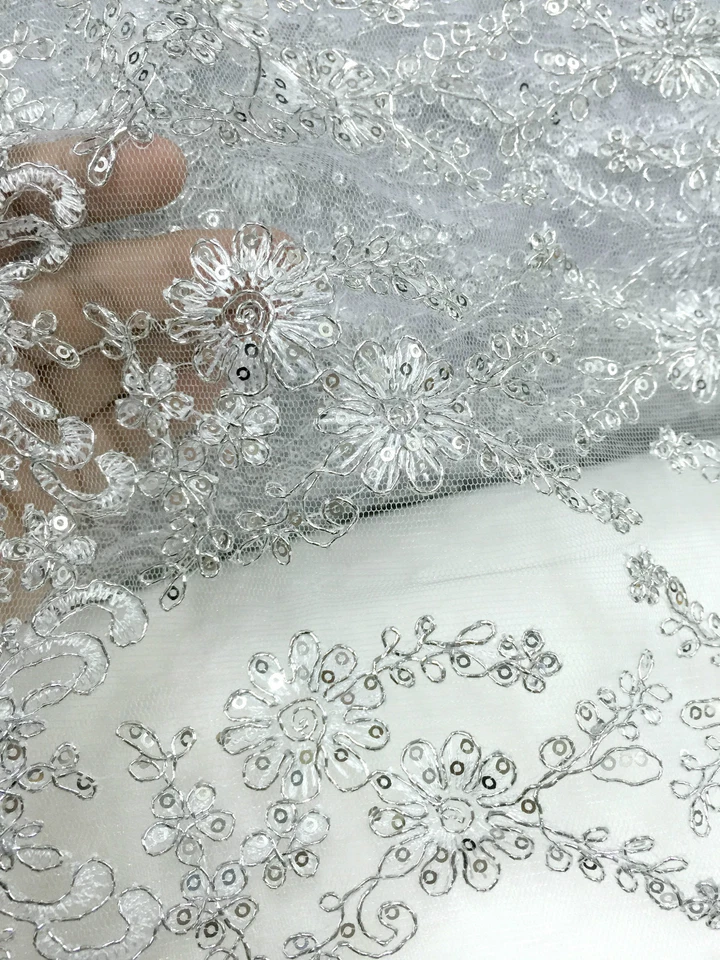 SILVER FLORAL Embroidered Mesh Fabric 12"x70" for Wedding Sabai Table Runner - Image 1 of 4