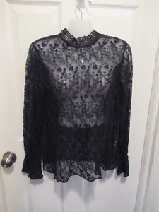 NWT Embroidered Scalloped Lace Blouse Top Black Large, Victorian Edwardian Style - Picture 1 of 10
