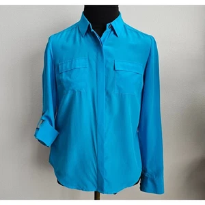 EUC Ann Taylor Blue Silk Button Front Roll-Tab Camp Shirt Blouse Top 2P 2  - Picture 1 of 8