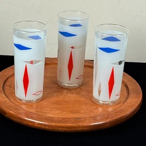 Vintage MCM Red Blue Diamond Geometric Frosted Tumbler Glasses Lot 3 - Picture 1 of 5