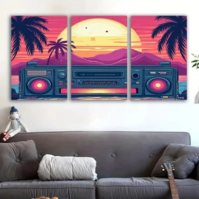 3pcs Retro Beach Sunset Palm Tree Wall Art Set Canvas Framed 50x70cm - Image 1 of 2
