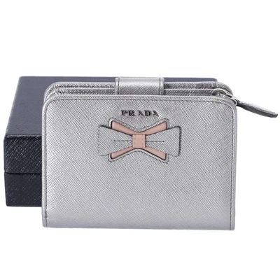 PRADA Bifold Wallet 1ML018 Silver Pink Bow Saffiano Leather - Image 1 of 4