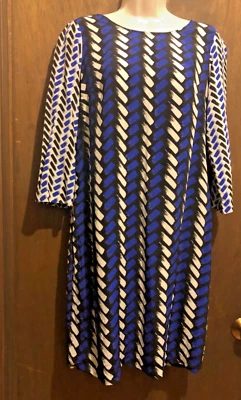 Vestido Nieves Lavi New York 100% seda tamanho 8 azul preto e branco mangas 3/4 - Imagem 1 de 4