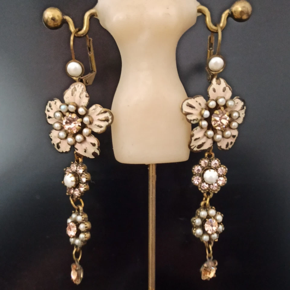 Michal Negrin Earrings Long Graduated Flower Pearl Light Peach White Retro Bride - Image 1 of 4