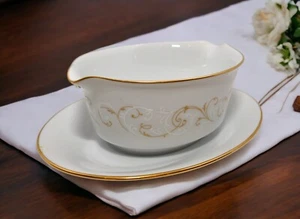 Noritake Duetto 6610 Gravy Boat w/Attached Underplate Gold & White Scrolls - Picture 1 of 16